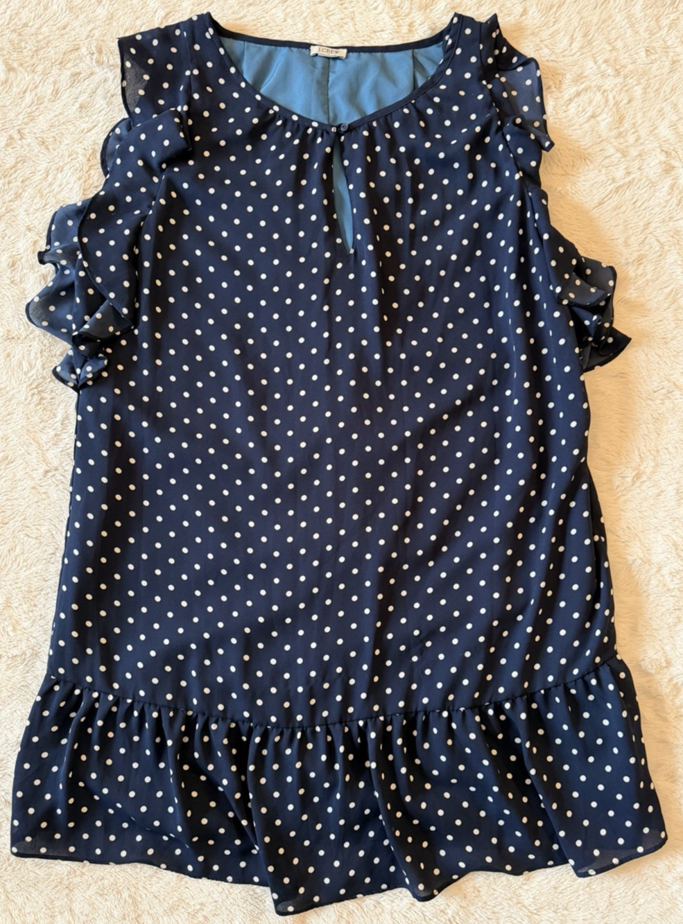 J.Crew Women's Navy Polka Dot Ruffle Sleeve Shift Dress Keyhole Neck Size Large
